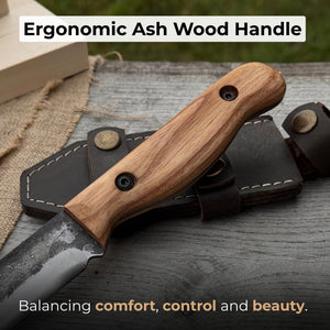 Hand-Forged Bushcraft Knife, 10 cm (3.9 in) Blade with Leather Sheath detail view by Sharky Forged Steel Tools