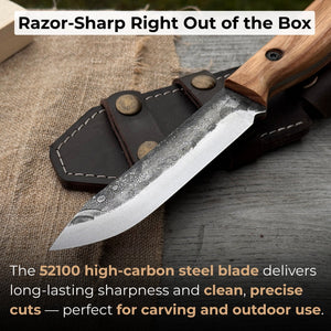 Hand-Forged Bushcraft Knife, 10 cm (3.9 in) Blade with Leather Sheath detail view by Sharky Forged Steel Tools