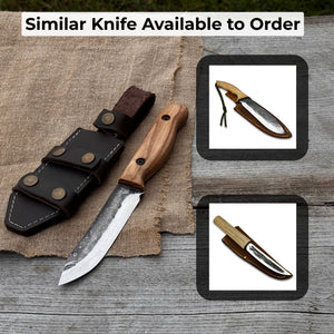 Hand-Forged Bushcraft Knife, 10 cm (3.9 in) Blade with Leather Sheath detail view by Sharky Forged Steel Tools