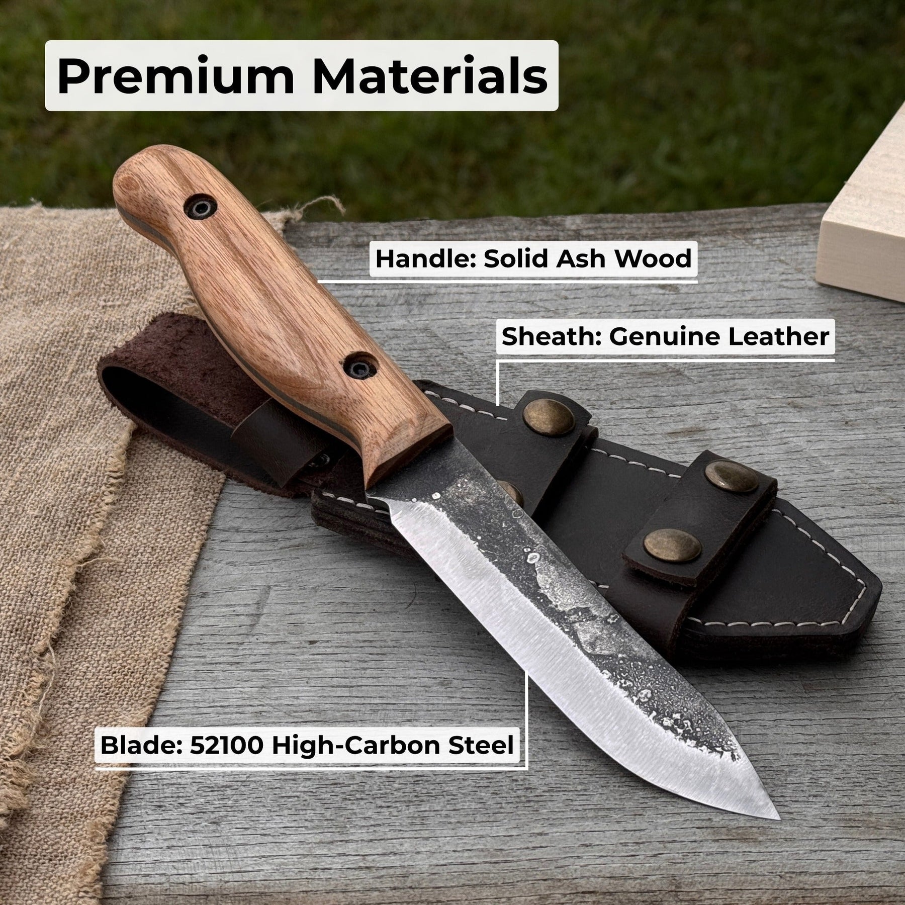 Hand-Forged Bushcraft Knife, 10 cm (3.9 in) Blade with Leather Sheath detail view by Sharky Forged Steel Tools