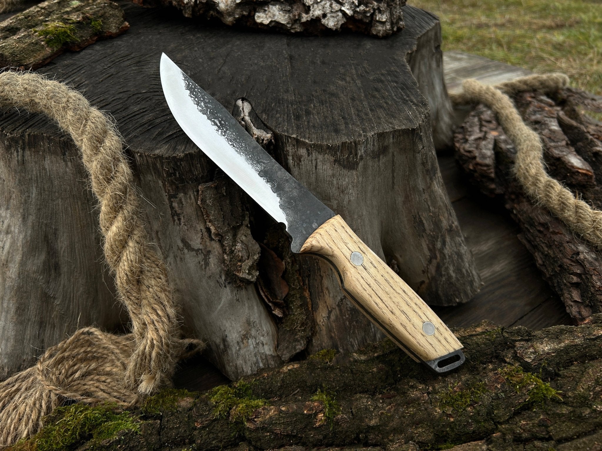 Hand-Forged Bushcraft Knife, 12 cm (4.72 inches) detail view by Sharky Forged Steel Tools