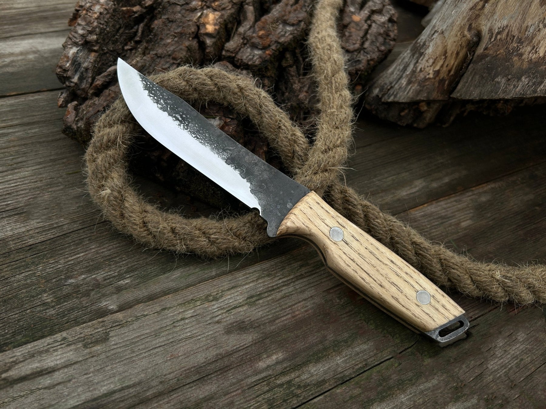 Hand-Forged Bushcraft Knife, 12 cm (4.72 inches) detail view by Sharky Forged Steel Tools