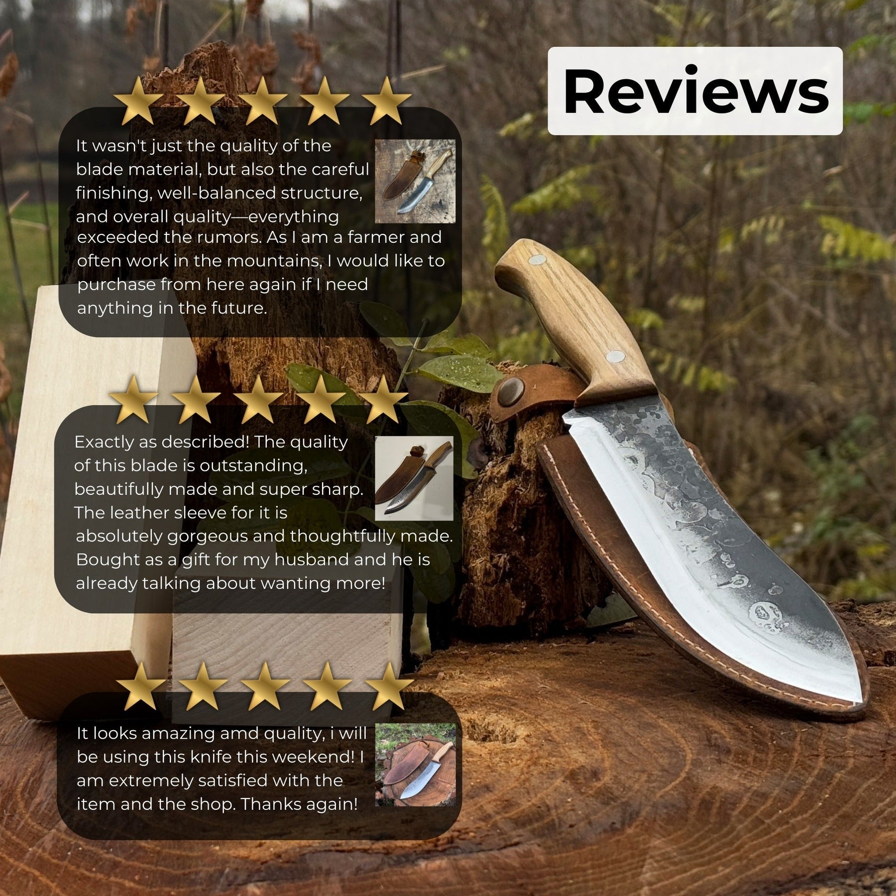 Hand-Forged Bushcraft Knife, 17 cm (6.7 inches) with leather sheath detail view by Sharky Forged Steel Tools