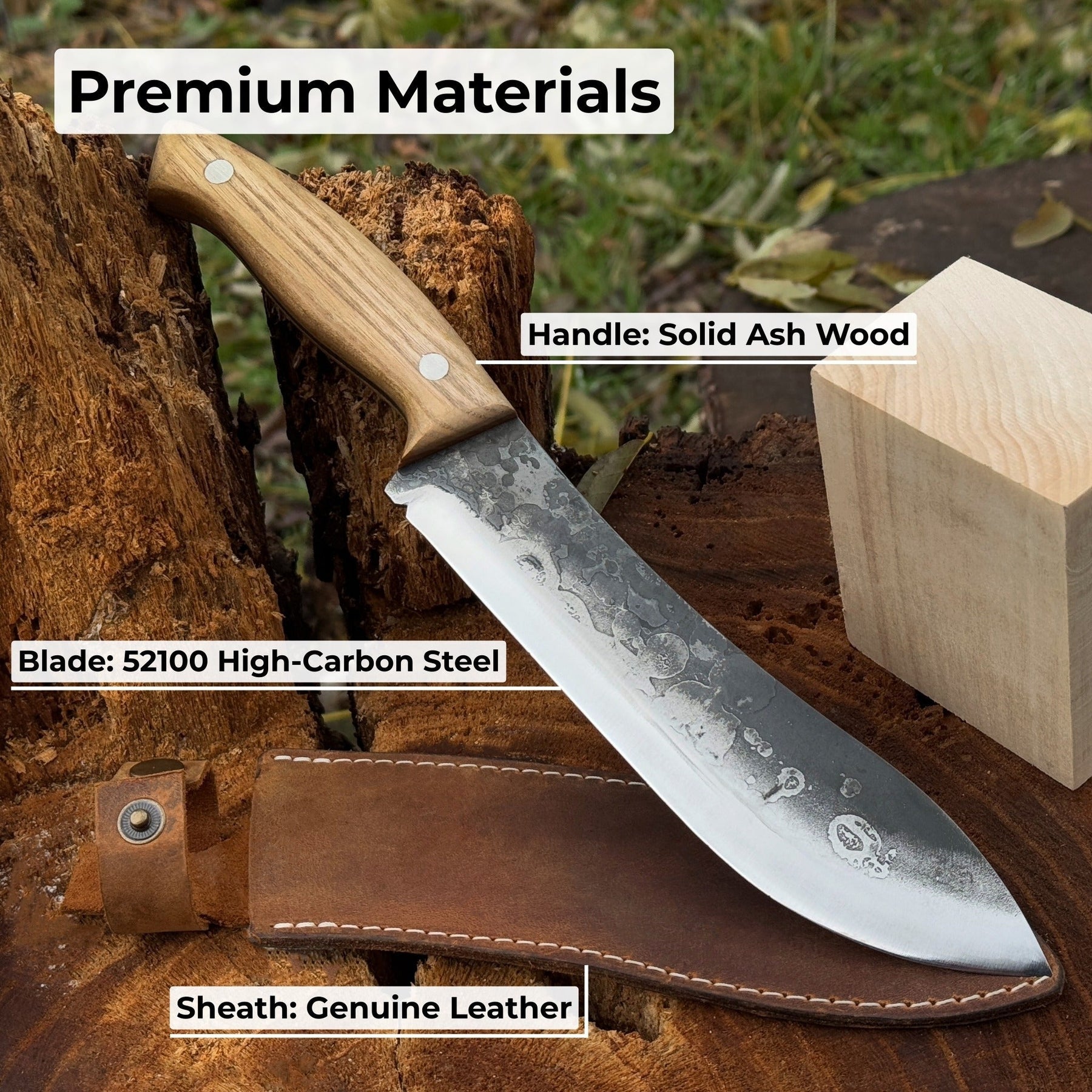 Hand-Forged Bushcraft Knife, 17 cm (6.7 inches) with leather sheath detail view by Sharky Forged Steel Tools