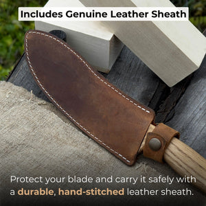 Hand-Forged Bushcraft Knife, 17 cm (6.7 inches) with leather sheath detail view by Sharky Forged Steel Tools