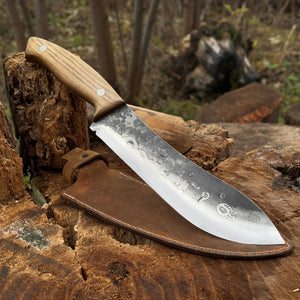 Hand-Forged Bushcraft Knife, 17 cm (6.7 inches) with leather sheath detail view by Sharky Forged Steel Tools