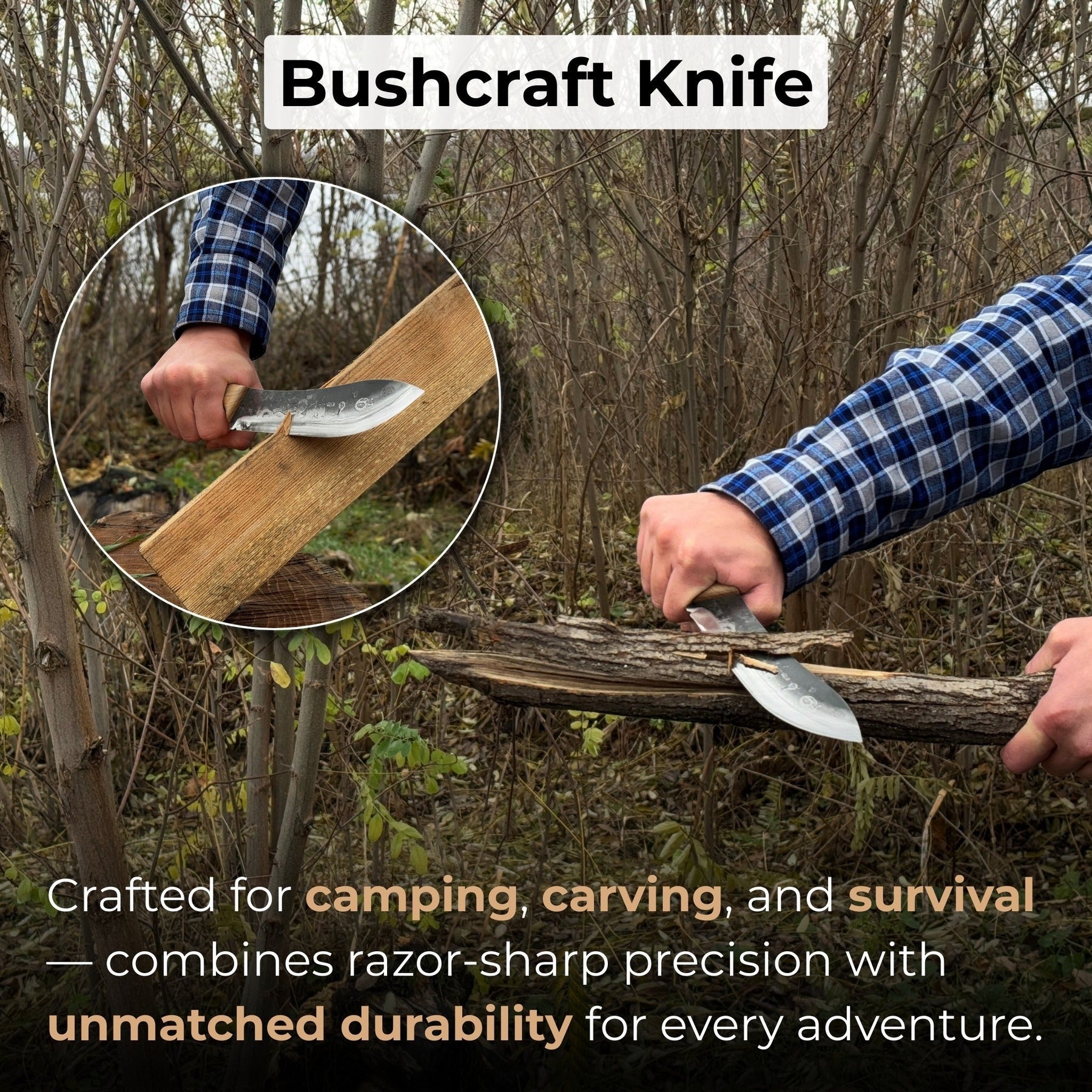 Hand-Forged Bushcraft Knife, 17 cm (6.7 inches) with leather sheath detail view by Sharky Forged Steel Tools