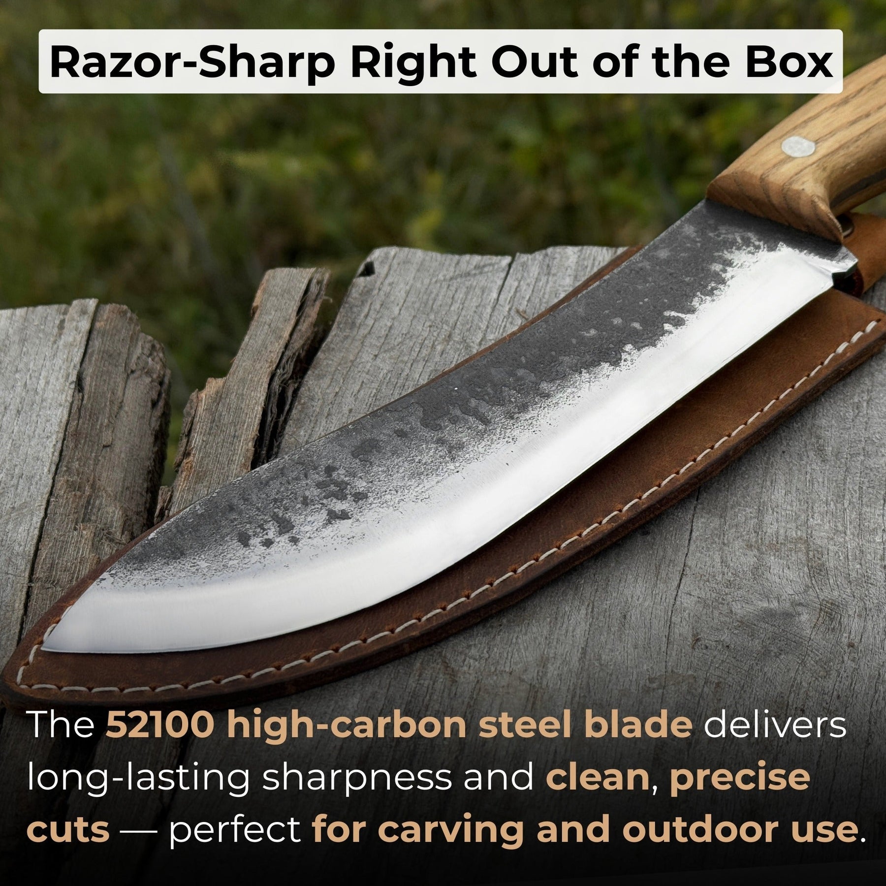 Hand-Forged Bushcraft Knife, 17 cm (6.7 inches) with leather sheath detail view by Sharky Forged Steel Tools