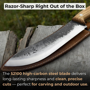 Hand-Forged Bushcraft Knife, 17 cm (6.7 inches) with leather sheath detail view by Sharky Forged Steel Tools