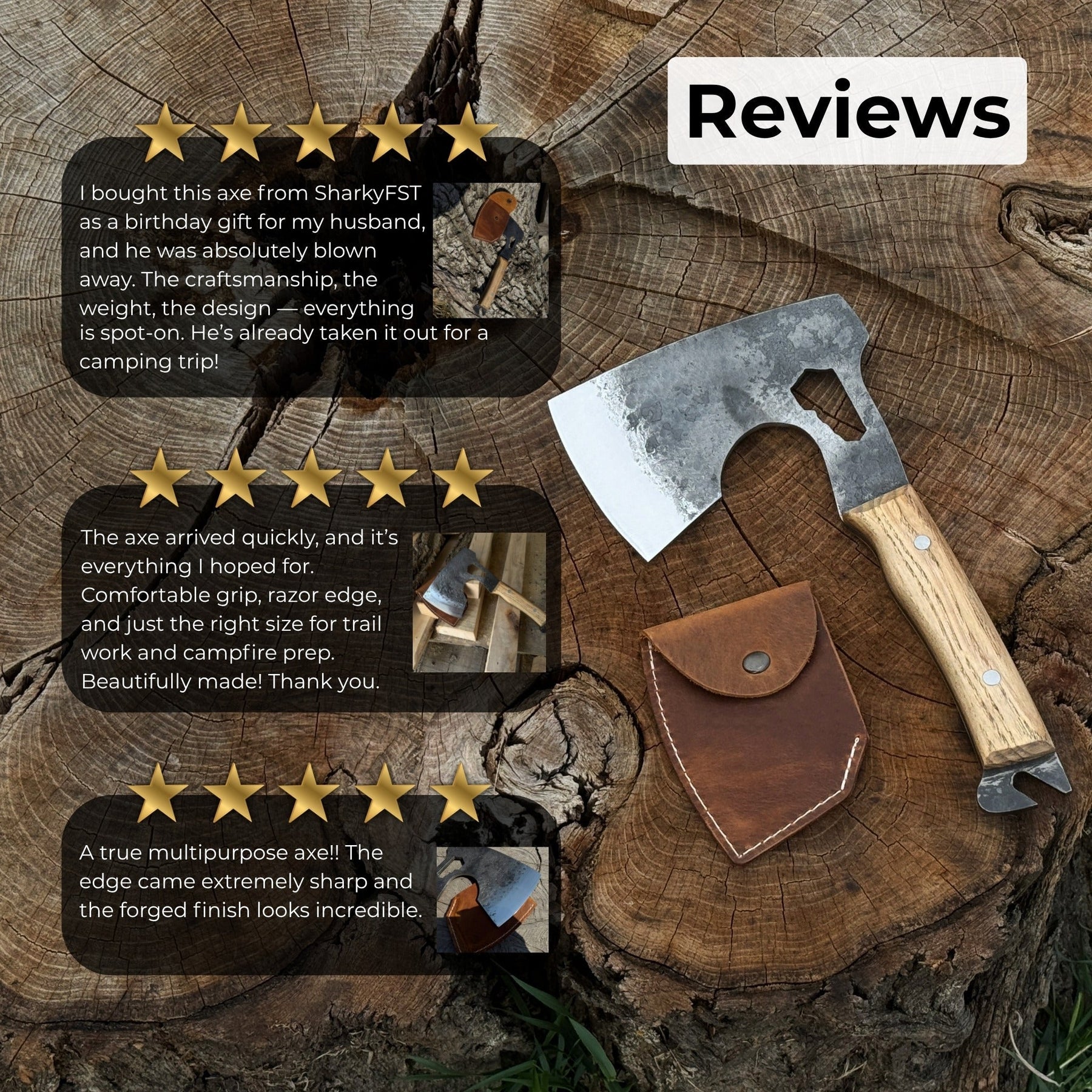 Hand-Forged Camping (Chopping) Axe, 0.6 kg (1.32 Ibs) detail view by Sharky Forged Steel Tools