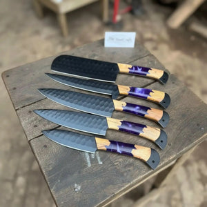 5-Piece Hand-Forged Chef Knives Set – Black Blades, Purple Resin & Olive Wood Handles by JW SteelCrafts, Southern handmade gift main product photo