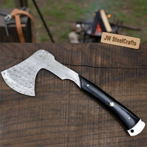 Hand-Forged Bearded Camp Hatchet with Hardwood Handle and Leather Sheath by JW SteelCrafts, leather knife sheath main product photo