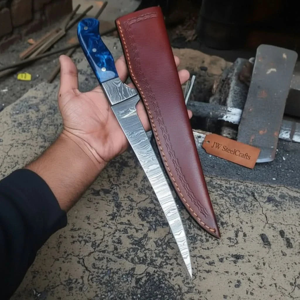 Hand-Forged 8 Inch Damascus Steel Fillet Knife with Blue Resin Handle, Full Tang with Leather Sheath by JW SteelCrafts, leather knife sheath main product photo