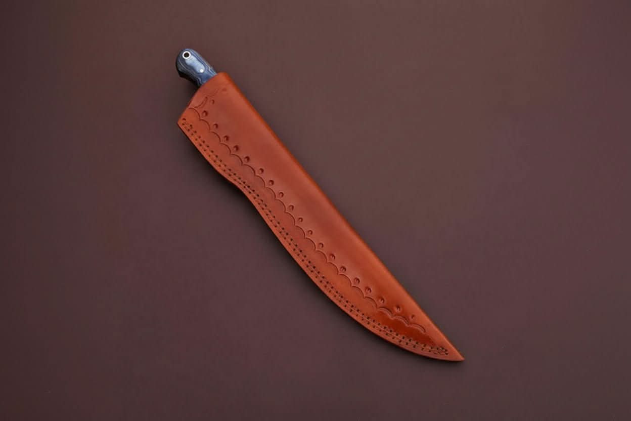 Handcrafted Damascus Steel Fish Fillet Knife with Blue Pakka Wood Handle and Leather Sheath by JW SteelCrafts, leather knife sheath detail photo 3