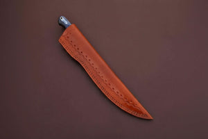 Handcrafted Damascus Steel Fish Fillet Knife with Blue Pakka Wood Handle and Leather Sheath by JW SteelCrafts, leather knife sheath detail photo 3