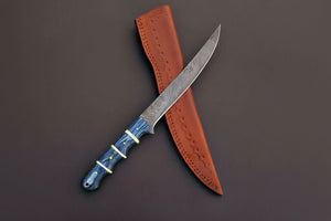 Handcrafted Damascus Steel Fish Fillet Knife with Blue Pakka Wood Handle and Leather Sheath by JW SteelCrafts, leather knife sheath detail photo 2