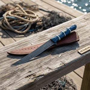 Handcrafted Damascus Steel Fish Fillet Knife with Blue Pakka Wood Handle and Leather Sheath by JW SteelCrafts, leather knife sheath detail photo 4
