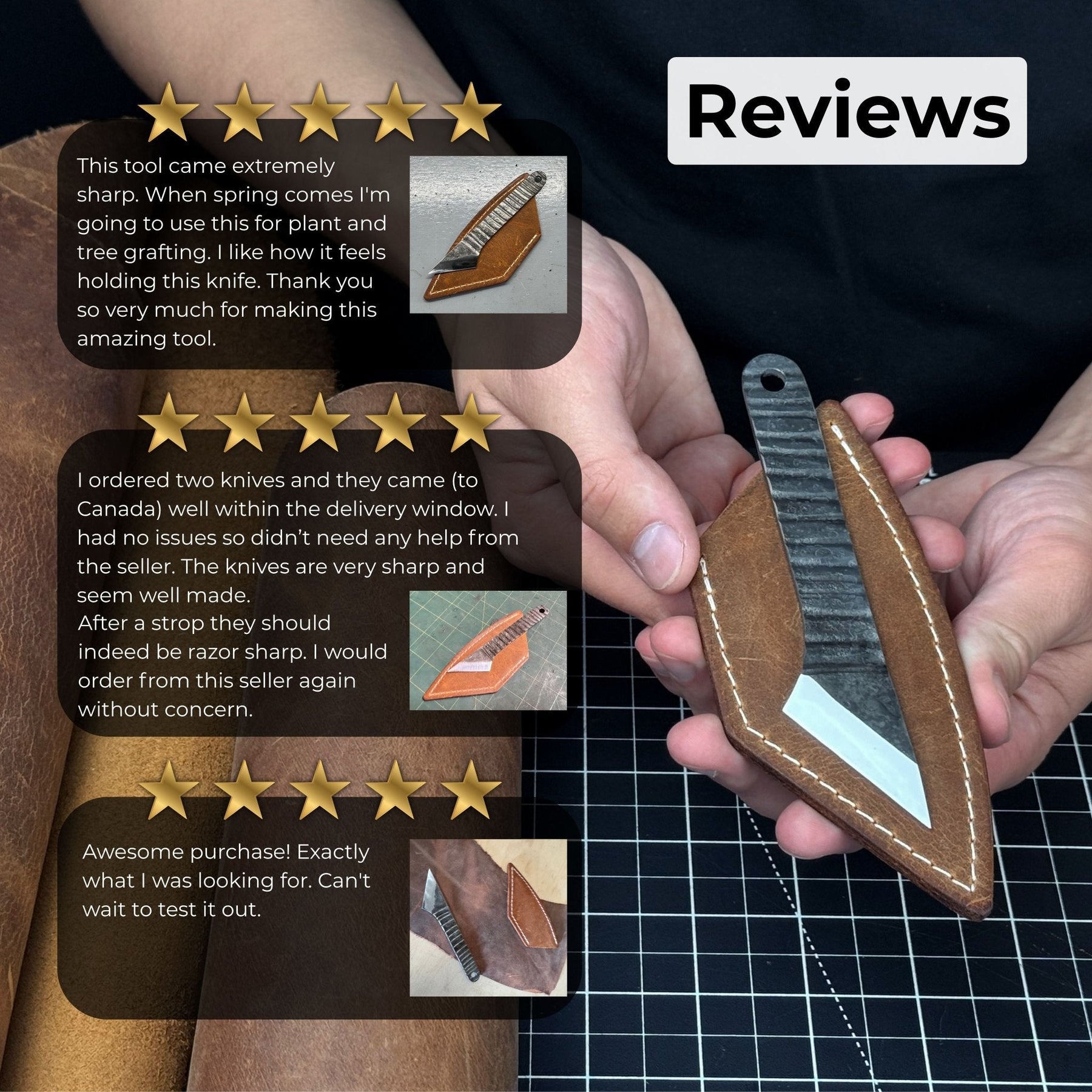 Hand-Forged Kiridashi Knife, 14 cm (5.51 inches) with Leather Sheath detail view by Sharky Forged Steel Tools