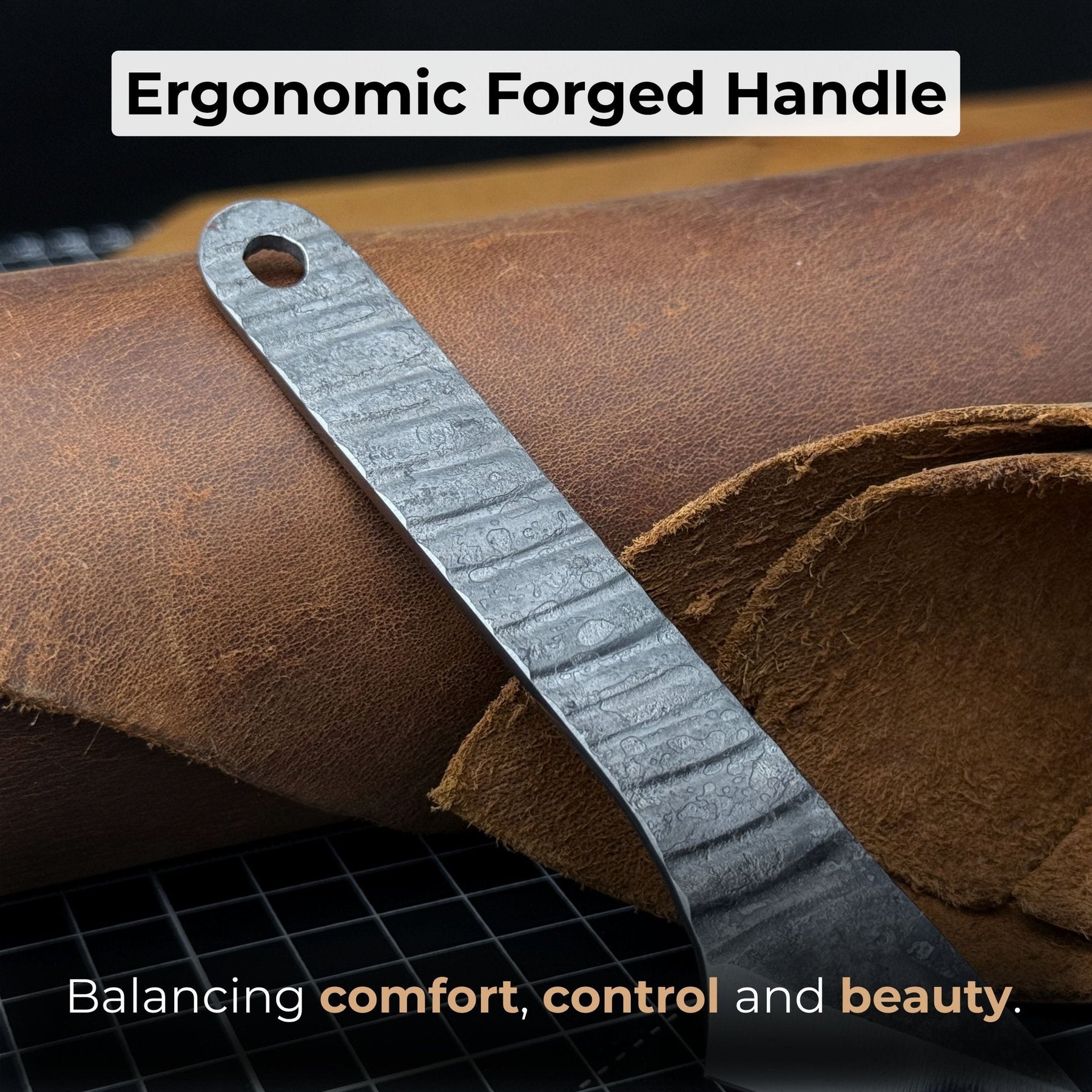 Hand-Forged Kiridashi Knife, 14 cm (5.51 inches) with Leather Sheath detail view by Sharky Forged Steel Tools