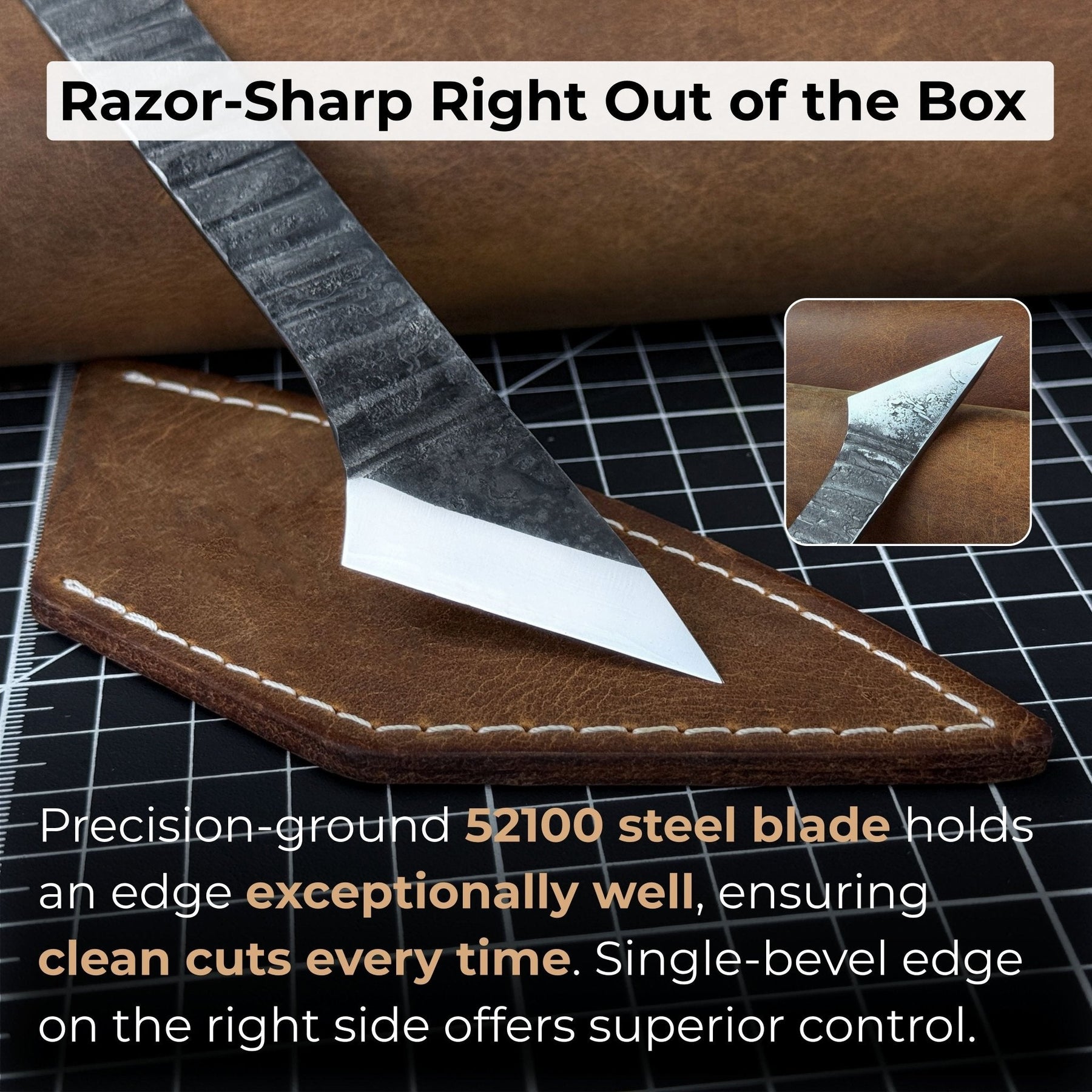 Hand-Forged Kiridashi Knife, 14 cm (5.51 inches) with Leather Sheath detail view by Sharky Forged Steel Tools