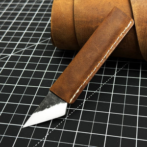 Hand-Forged Kiridashi Knife - Razor-Sharp Carbon Steel Blade with Leather Sheath detail view by Sharky Forged Steel Tools