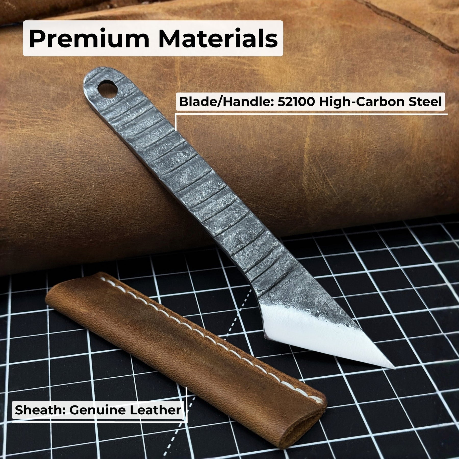 Hand-Forged Kiridashi Knife - Razor-Sharp Carbon Steel Blade with Leather Sheath detail view by Sharky Forged Steel Tools