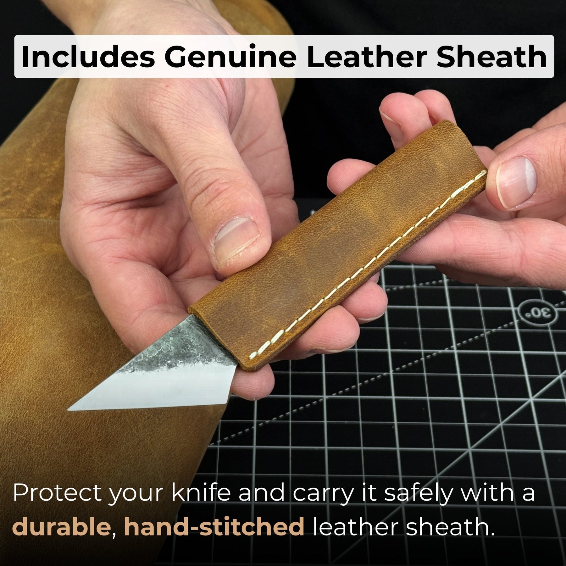Hand-Forged Kiridashi Knife - Razor-Sharp Carbon Steel Blade with Leather Sheath detail view by Sharky Forged Steel Tools