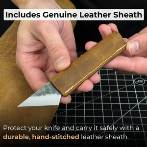Hand-Forged Kiridashi Knife - Razor-Sharp Carbon Steel Blade with Leather Sheath detail view by Sharky Forged Steel Tools