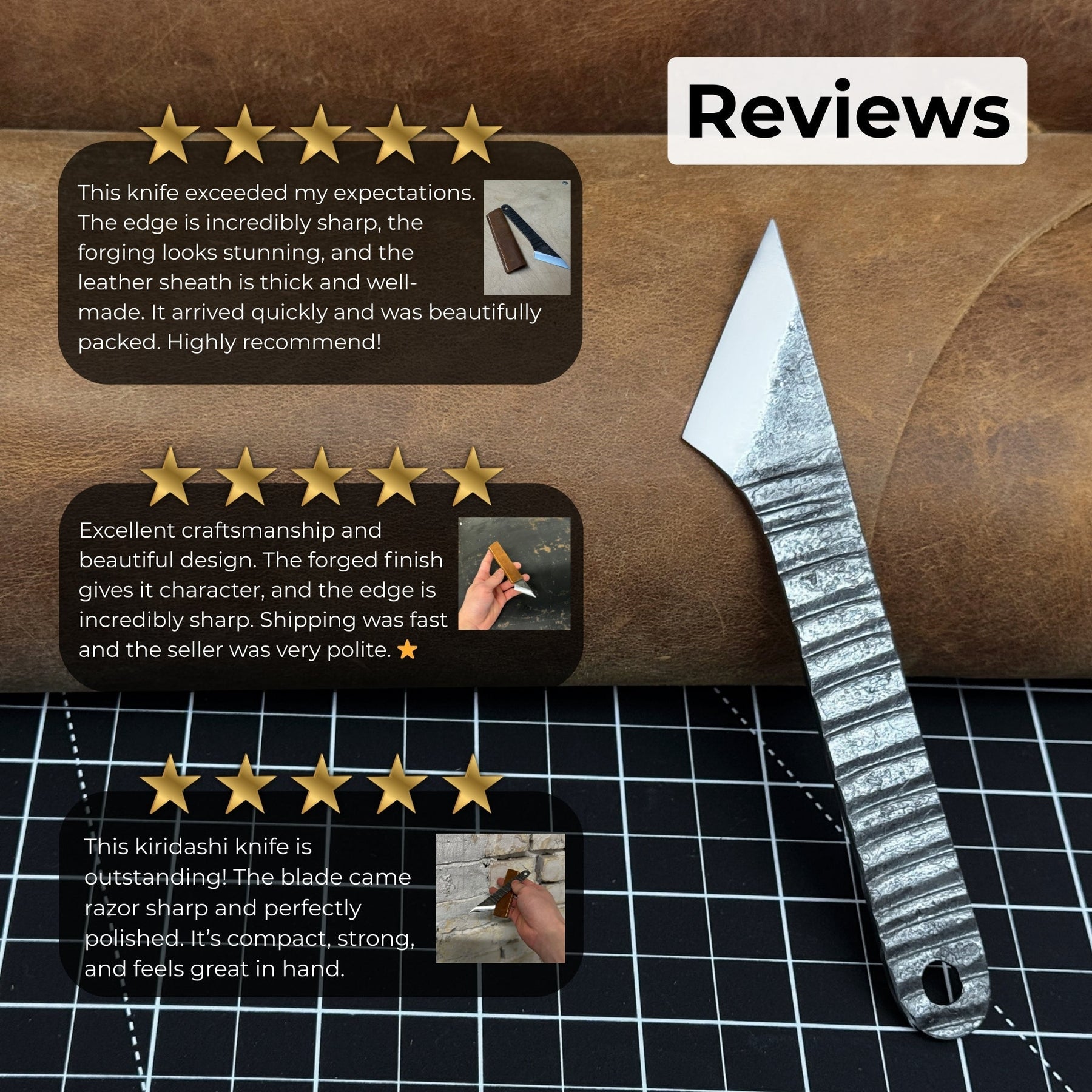 Hand-Forged Kiridashi Knife - Razor-Sharp Carbon Steel Blade with Leather Sheath detail view by Sharky Forged Steel Tools