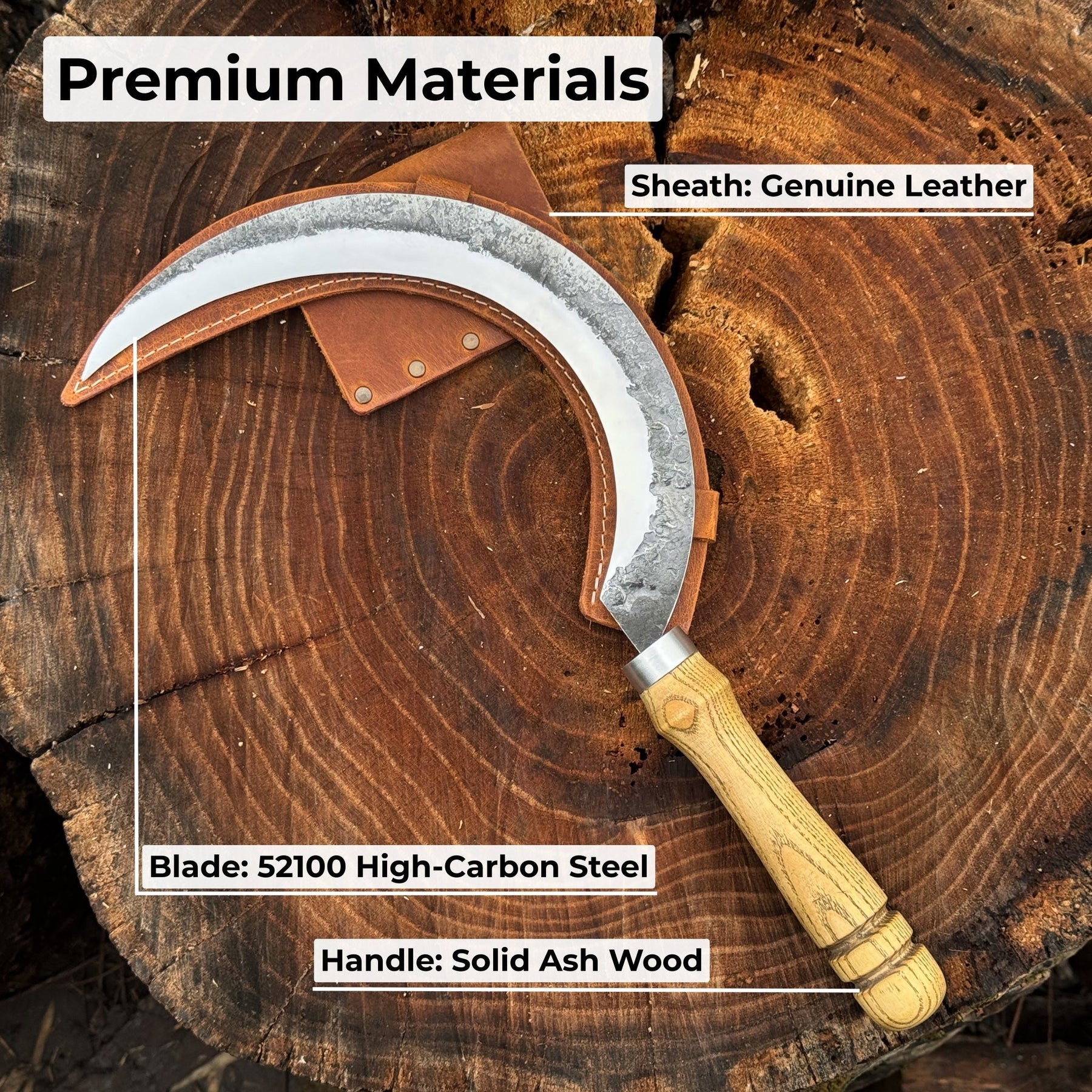Hand-Forged Large Sickle, ⌀19 cm (7.5 inches) Blade, Leather Belt Attachment detail view by Sharky Forged Steel Tools