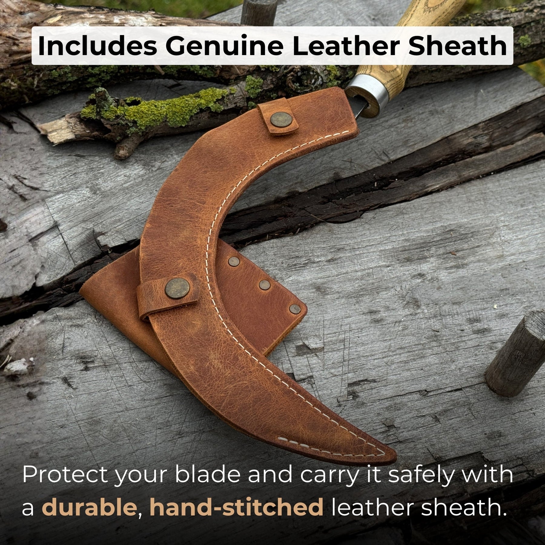 Hand-Forged Large Sickle, ⌀19 cm (7.5 inches) Blade, Leather Belt Attachment detail view by Sharky Forged Steel Tools