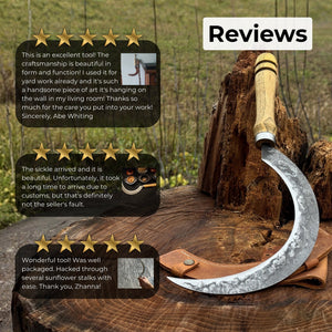 Hand-Forged Large Sickle, ⌀19 cm (7.5 inches) Blade, Leather Belt Attachment detail view by Sharky Forged Steel Tools