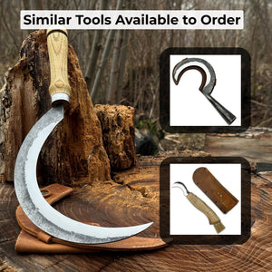 Hand-Forged Large Sickle, ⌀19 cm (7.5 inches) Blade, Leather Belt Attachment detail view by Sharky Forged Steel Tools