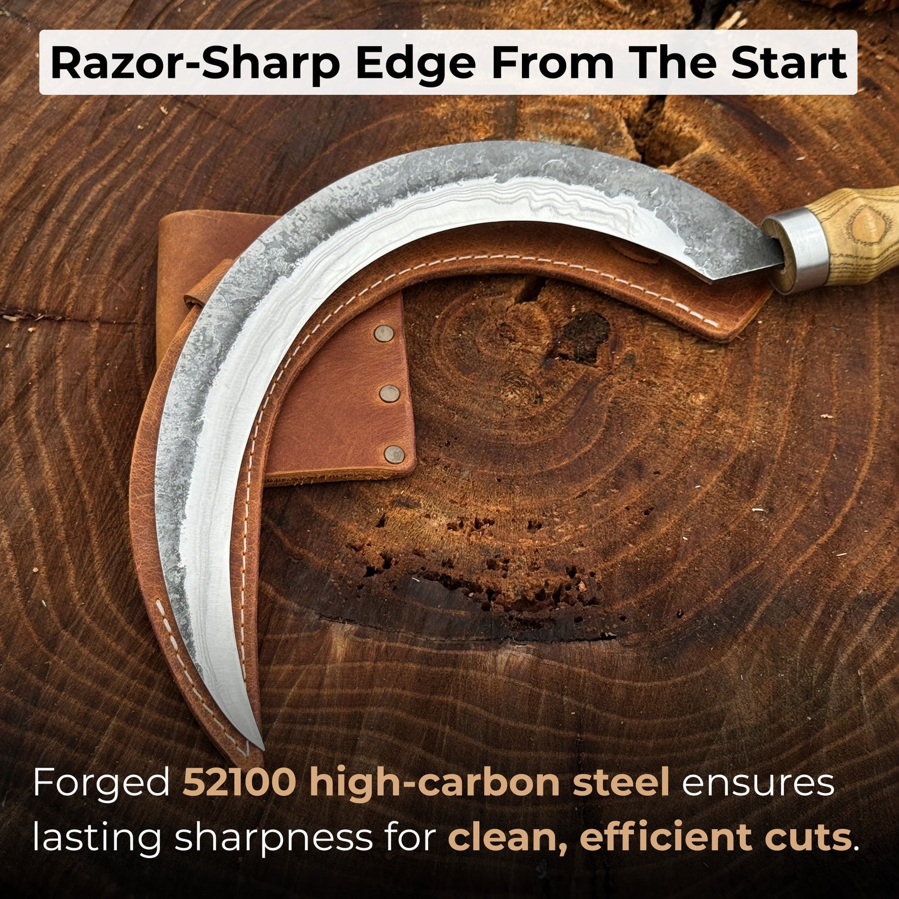 Hand-Forged Large Sickle, ⌀19 cm (7.5 inches) Blade, Leather Belt Attachment detail view by Sharky Forged Steel Tools