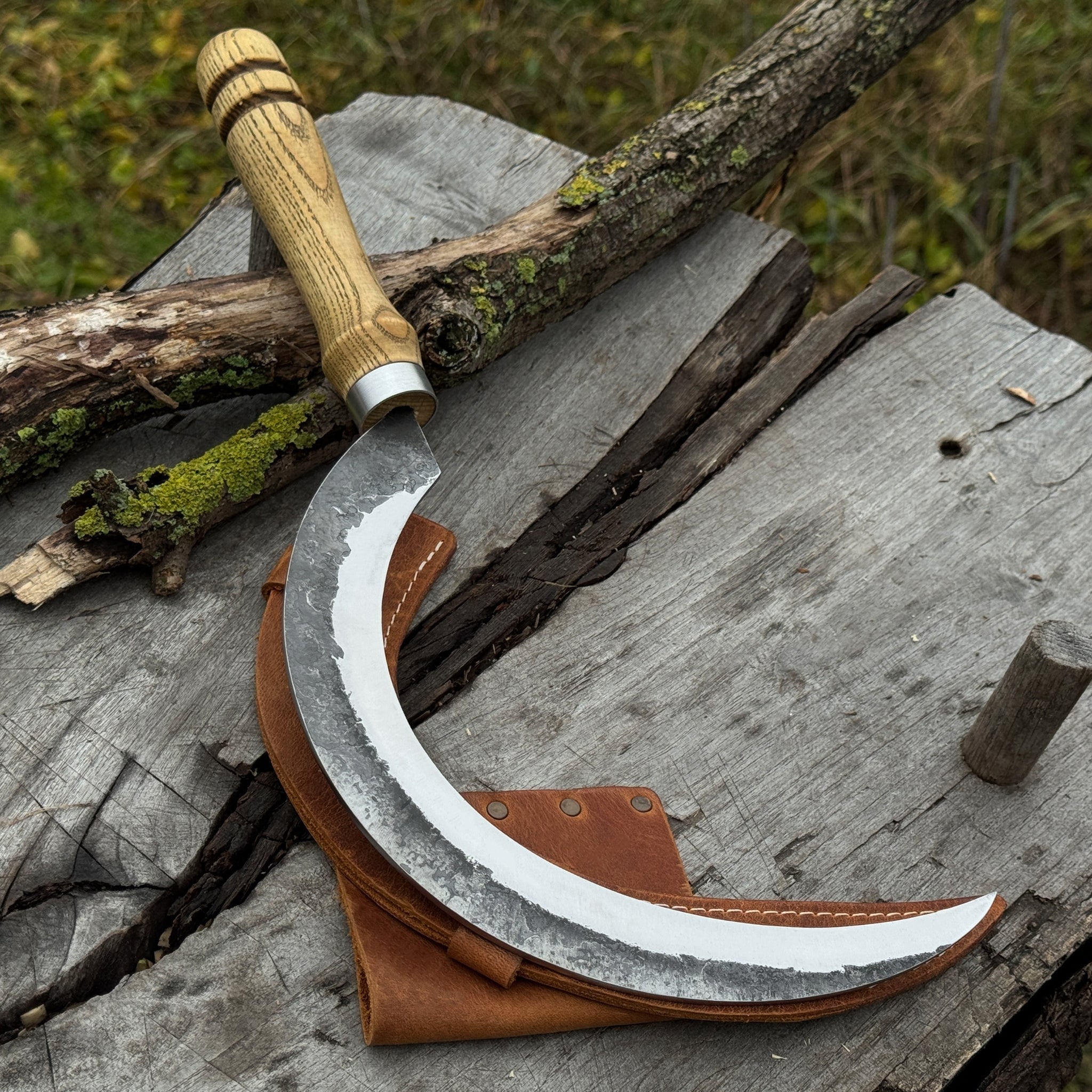 Hand-Forged Large Sickle, ⌀19 cm (7.5 inches) Blade, Leather Belt Attachment by Sharky Forged Steel Tools