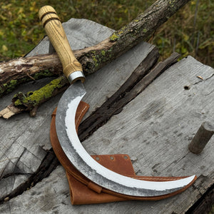 Hand-Forged Large Sickle, ⌀19 cm (7.5 inches) Blade, Leather Belt Attachment by Sharky Forged Steel Tools