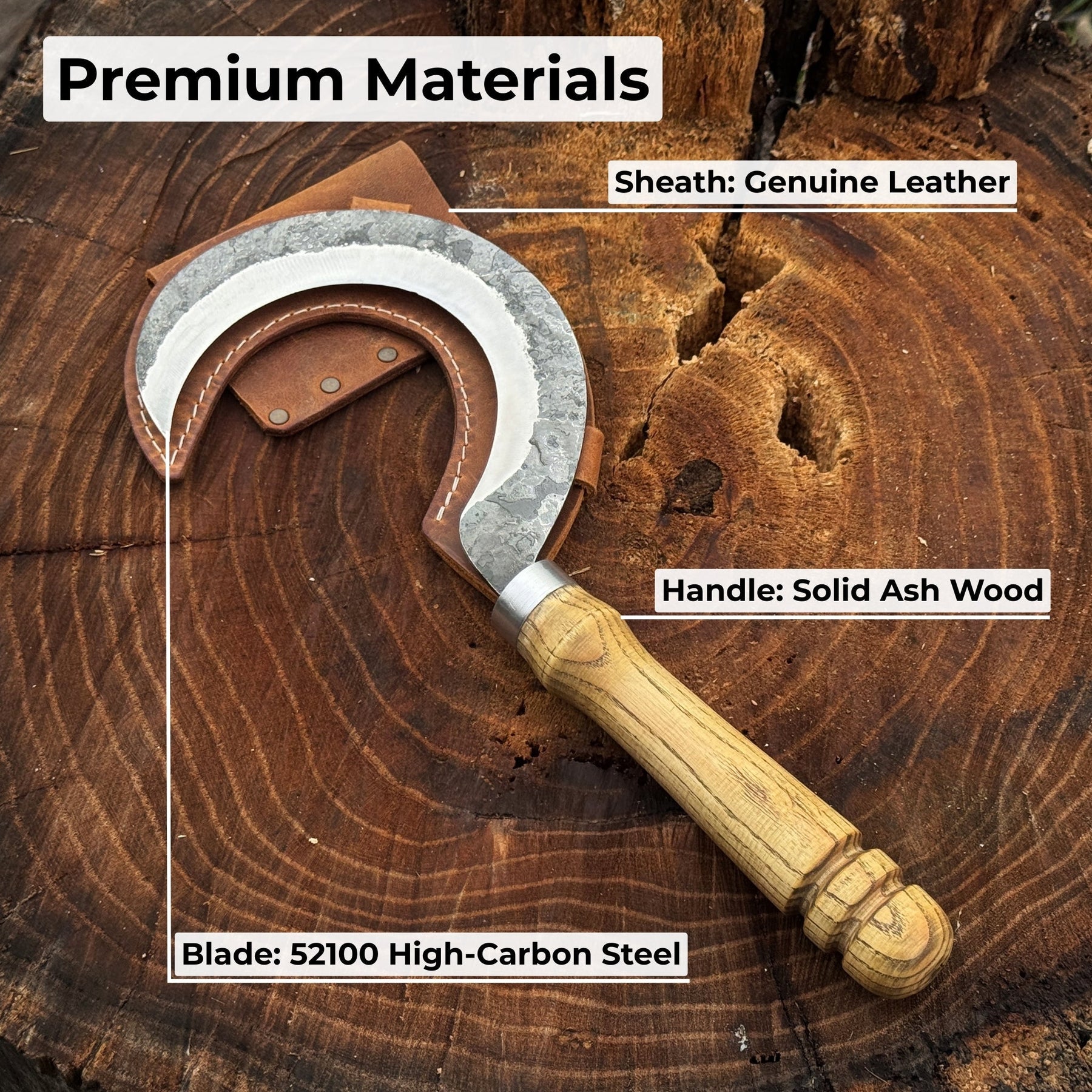 Hand-Forged Small Sickle – 9 cm (3.54 inches) Blade with Leather Belt Attachment detail view by Sharky Forged Steel Tools