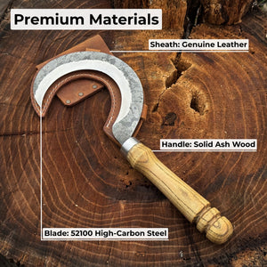 Hand-Forged Small Sickle – 9 cm (3.54 inches) Blade with Leather Belt Attachment detail view by Sharky Forged Steel Tools