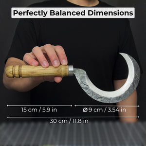 Hand-Forged Small Sickle – 9 cm (3.54 inches) Blade with Leather Belt Attachment detail view by Sharky Forged Steel Tools