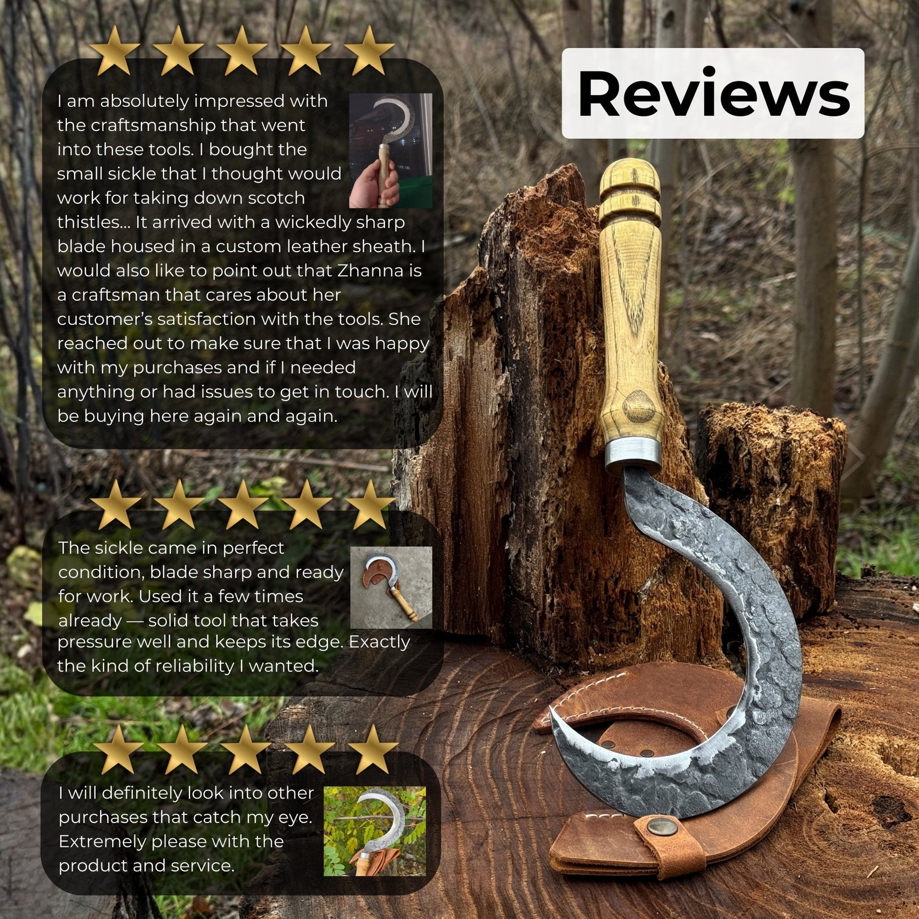 Hand-Forged Small Sickle – 9 cm (3.54 inches) Blade with Leather Belt Attachment detail view by Sharky Forged Steel Tools