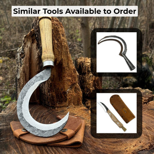 Hand-Forged Small Sickle – 9 cm (3.54 inches) Blade with Leather Belt Attachment detail view by Sharky Forged Steel Tools