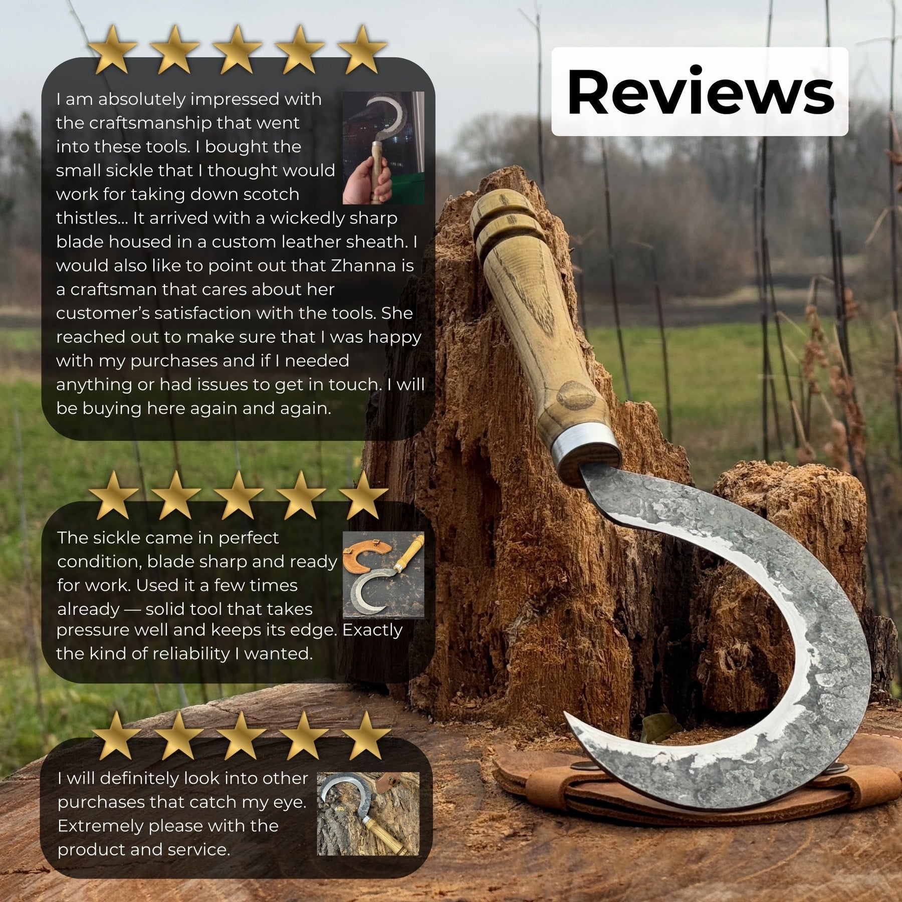 Hand-Forged Small Sickle, ⌀9 cm (3.54 inches) detail view by Sharky Forged Steel Tools