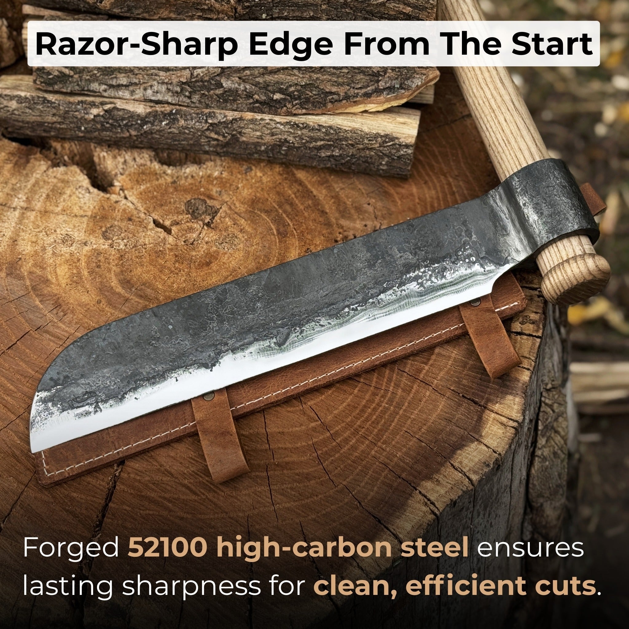 Hand-Forged Splitting Froe – Leather Sheath with Handle Holder detail view by Sharky Forged Steel Tools