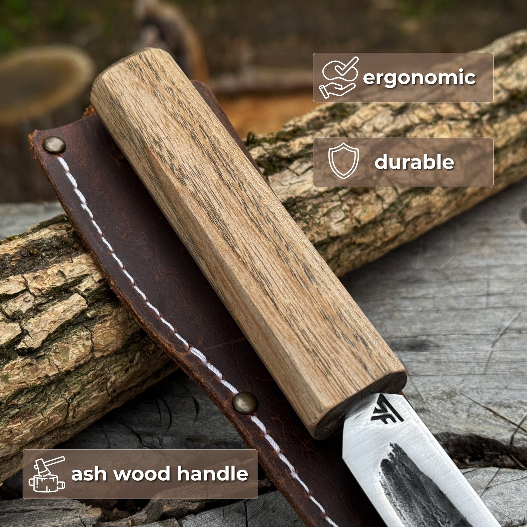 Hand-Forged Yakut Knife with Leather Sheath, 9.5 cm (3.74 inches) detail view by Sharky Forged Steel Tools
