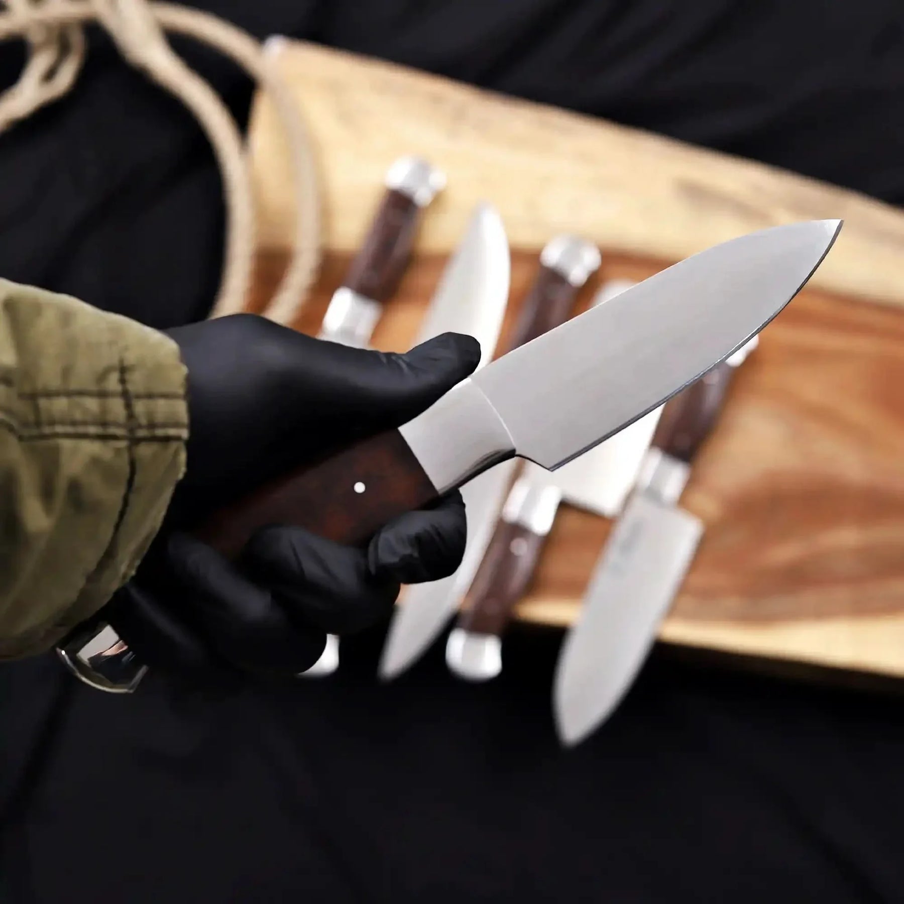 6-Piece High Carbon Steel Kitchen Knife Set with Leather Roll — Olive Wood Handles, Steel Bolsters, 7 to 12 Inc detail view