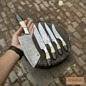 5-Piece Damascus Chef Knife Set – Camel Bone and Black Micarta Handles by JW SteelCrafts, Damascus knife detail photo 4