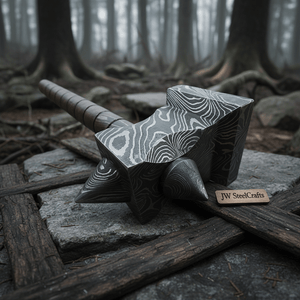 Hand made damascus steel viking hammer by JW SteelCrafts, Southern lifestyle apparel main product photo