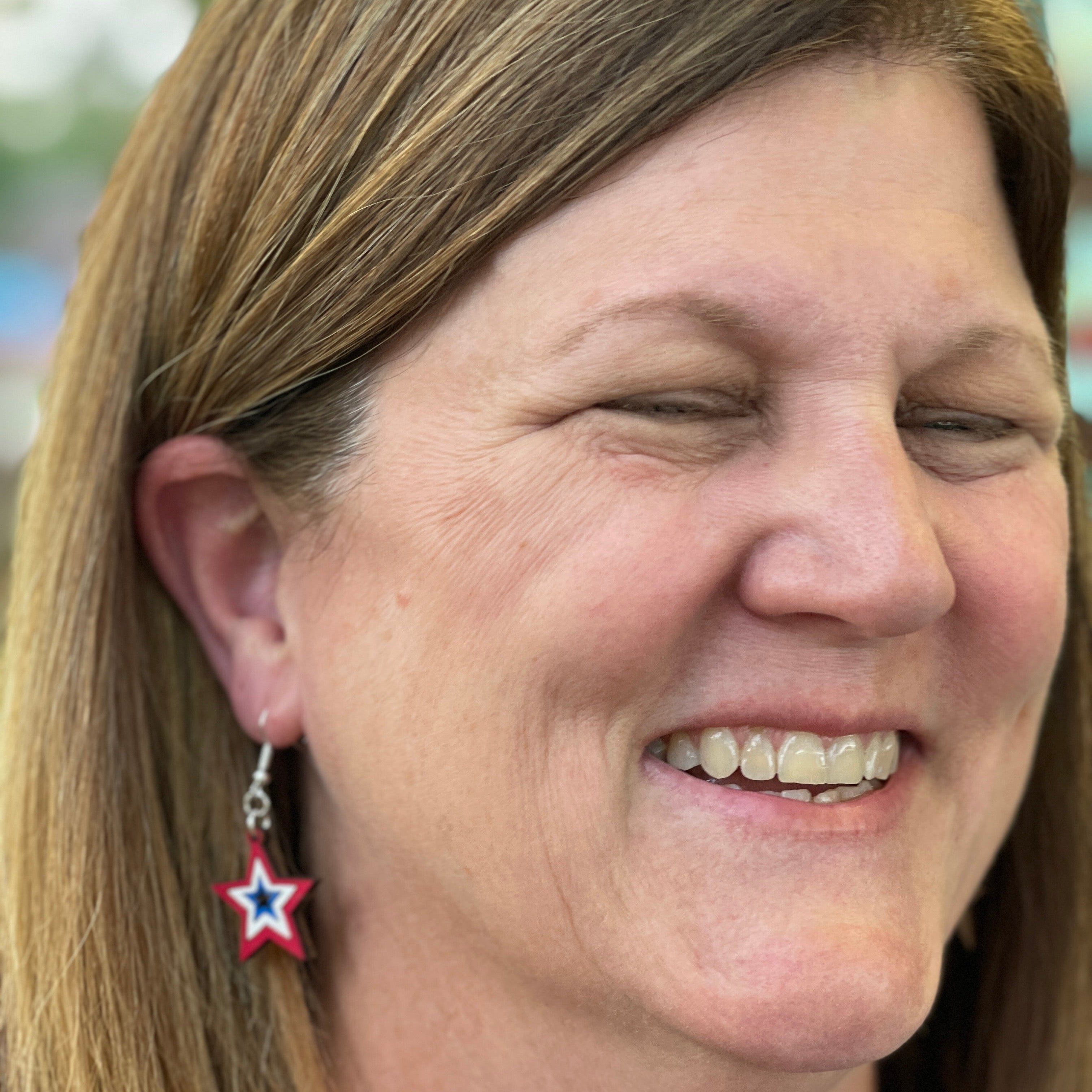 USA Stars Wooden Earrings | Patriotic American Flag Jewelry detail view by Cate's Concepts, LLC