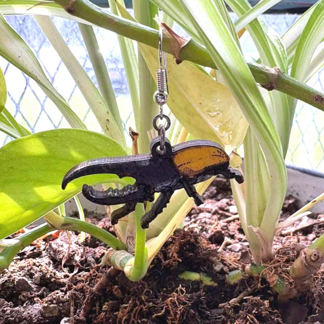 Hercules Beetle Wooden Dangle Earrings | Realistic Insect Jewelry detail view by Cate's Concepts, LLC