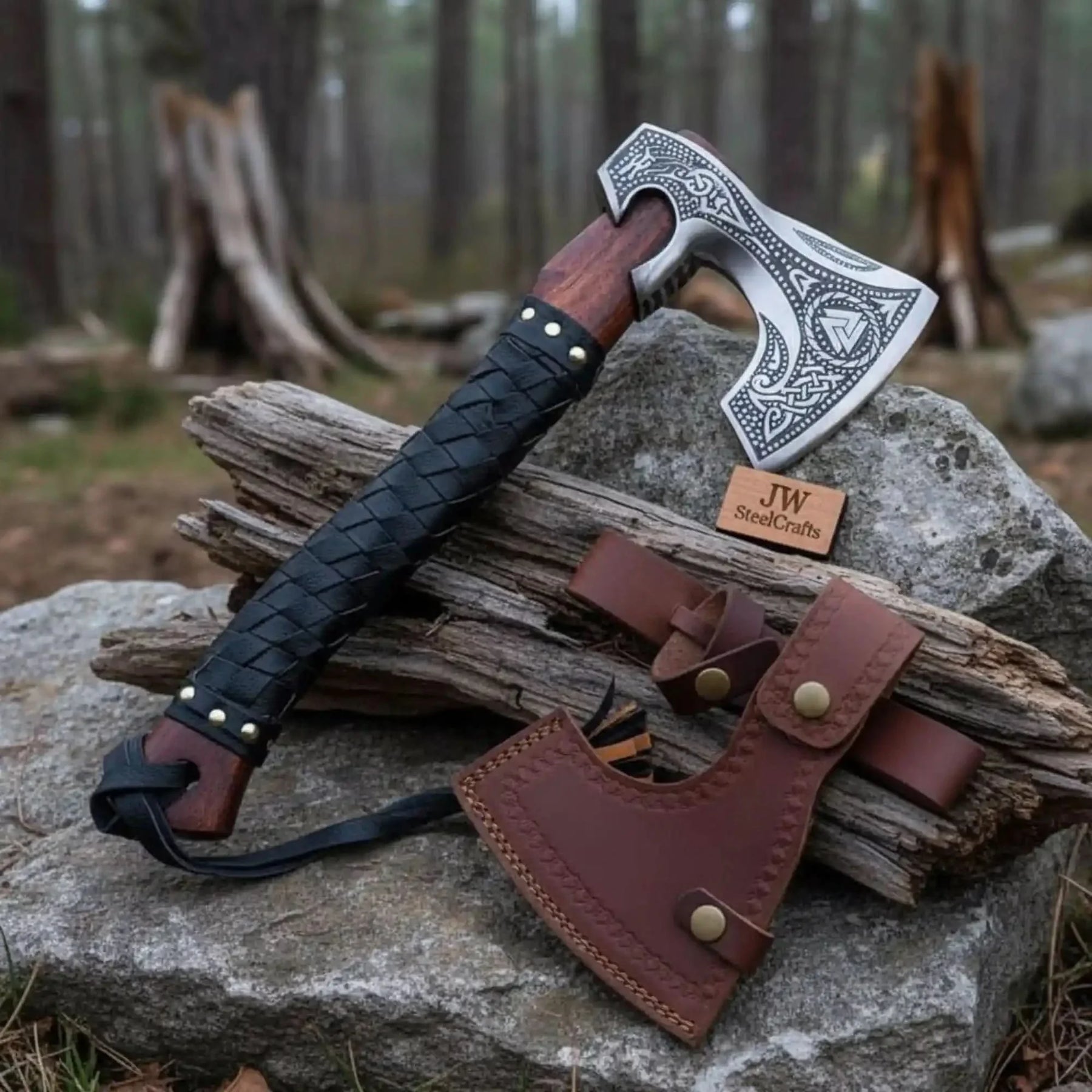 Norse Engraved Camp Hatchet with Leather Wrapped Handle and Belt Sheath | JW SteelCrafts by JW SteelCrafts, leather knife sheath main product photo